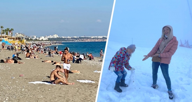 Российские туристы в Анталии: утром плаваем в море, вечером играем в снежки