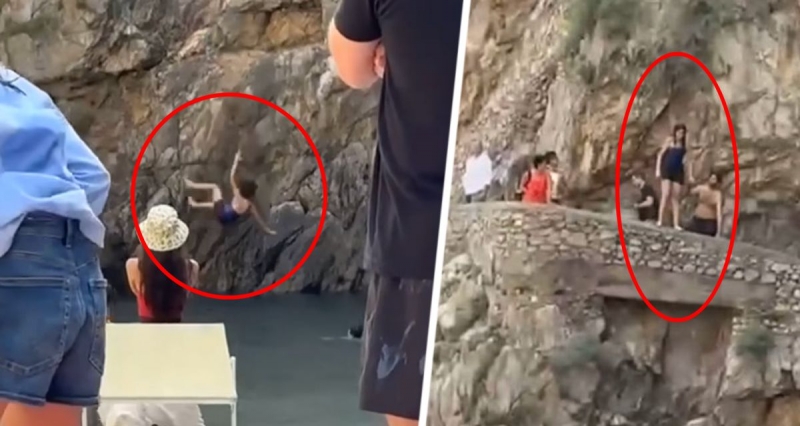 Экскурсант запечатлел момент, как туристка упала со скалы в Италии