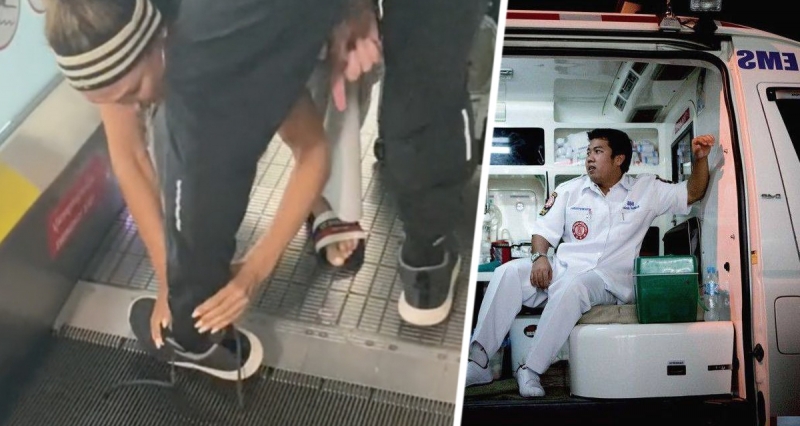 Турист испытал ужас, когда его обувь зажало эскалатором в аэропорту Бангкока